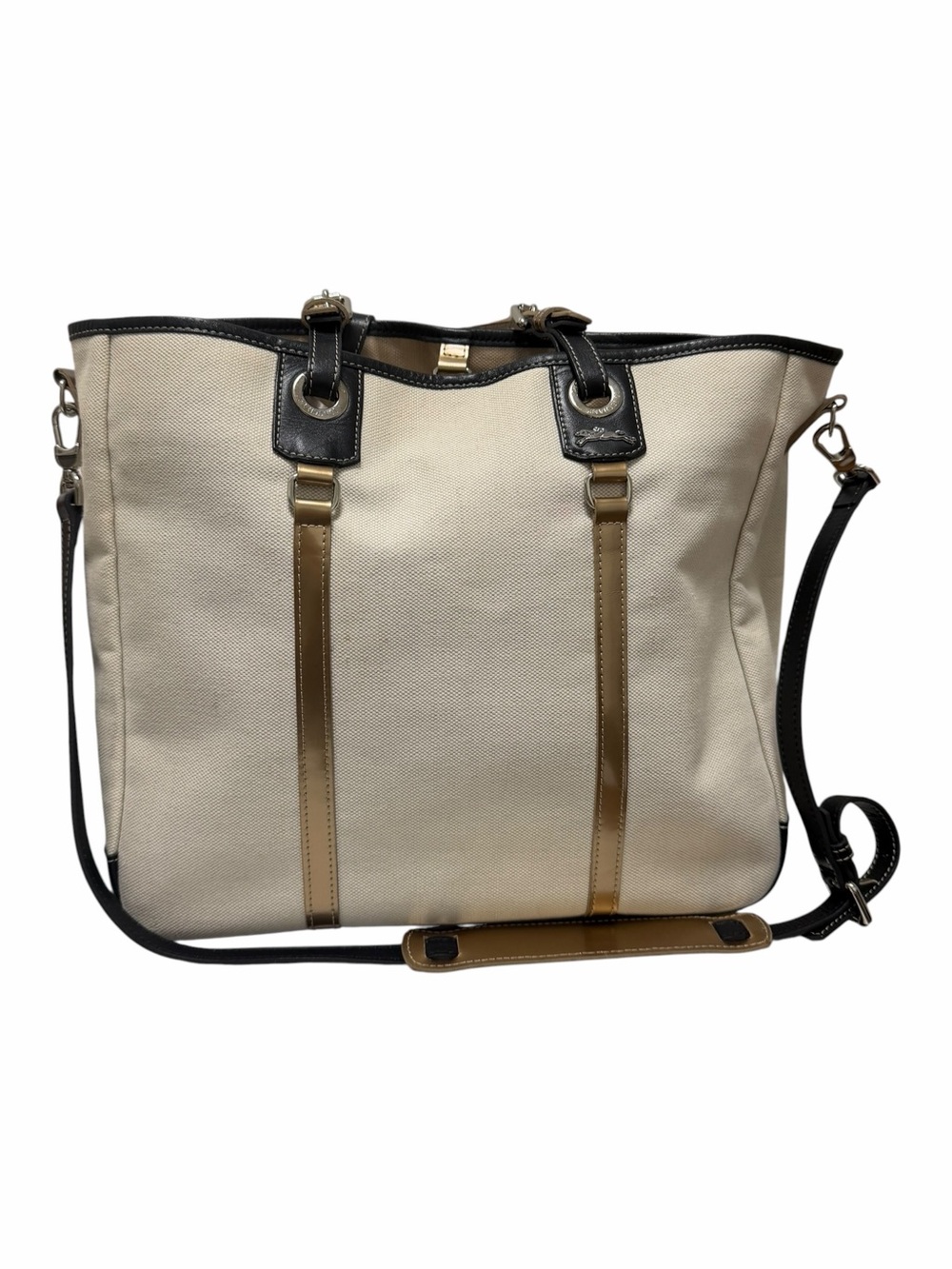 Longchamp Natural/Black/Brown Textile/Leather Tote Handbag